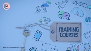 Digital Product Creation Course 1 Icons of a laptop, mobile phone and a tag with the words Training Courses